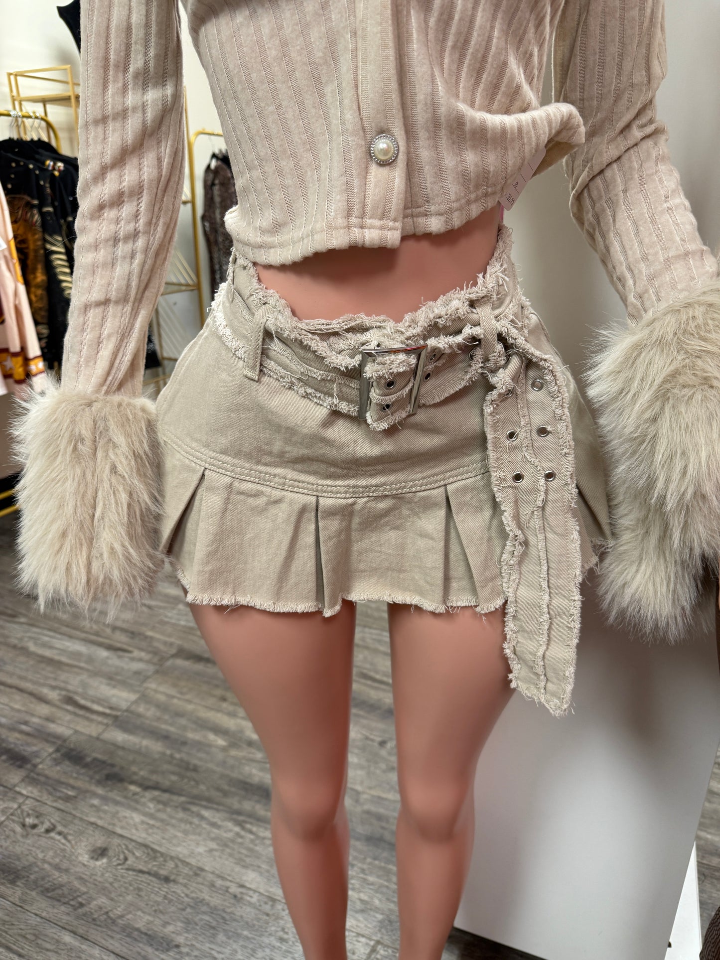 Nude Pleated Denim Skirt