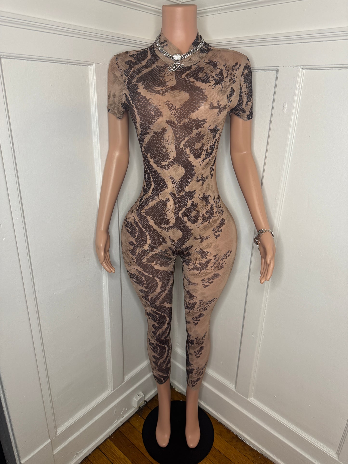 SnakeSkin Design Mesh Jumpsuit