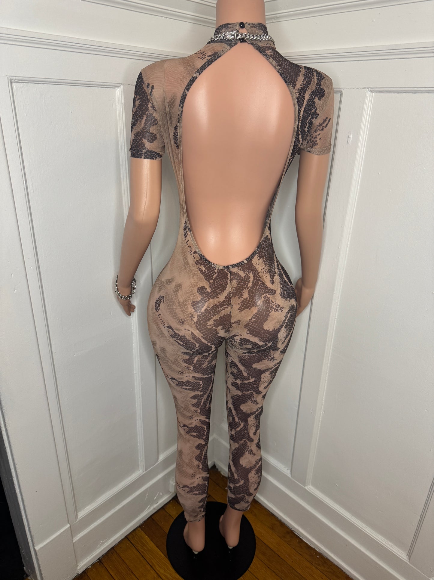 SnakeSkin Design Mesh Jumpsuit