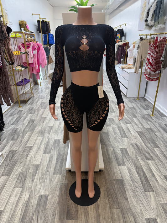 Midnight Temptation Lace Set – Sheer Cutout Crop Top & Biker Shorts