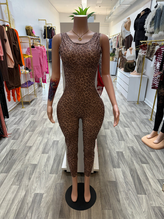 Wild Temptation Leopard Mesh Jumpsuit – Open Back Scrunch Bodycon
