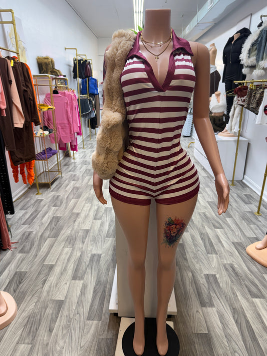 Snatched & Striped Collared Romper – Deep V Bodycon Shorts Romper