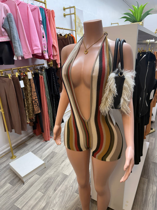 Island Heat Plunge Romper – Backless Halter Bodycon