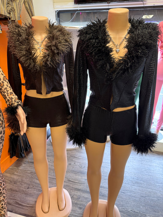 Fur Trim Shorts Set