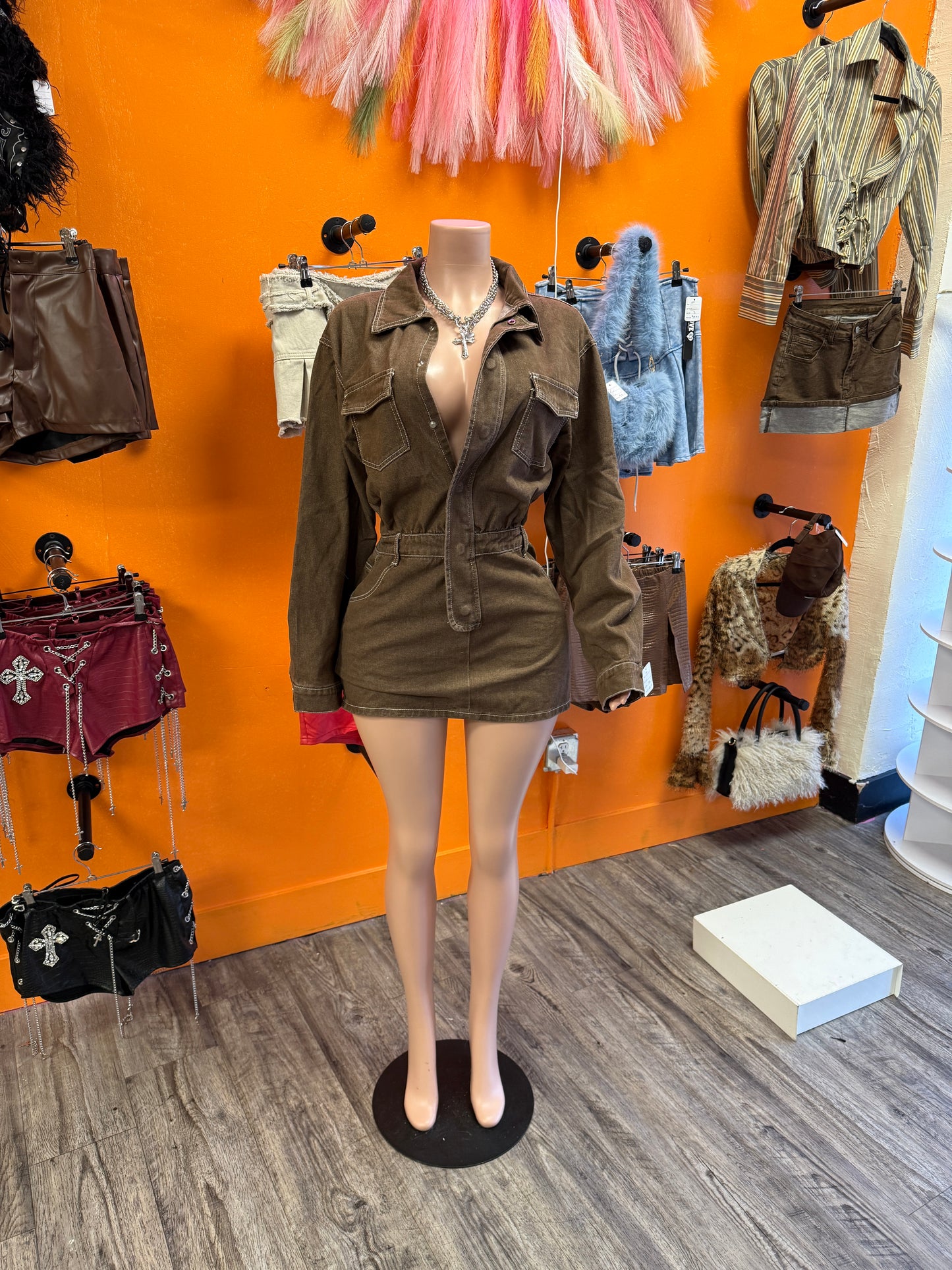 Brown Denim Button-Up Long Sleeve Dress With Belt Loops