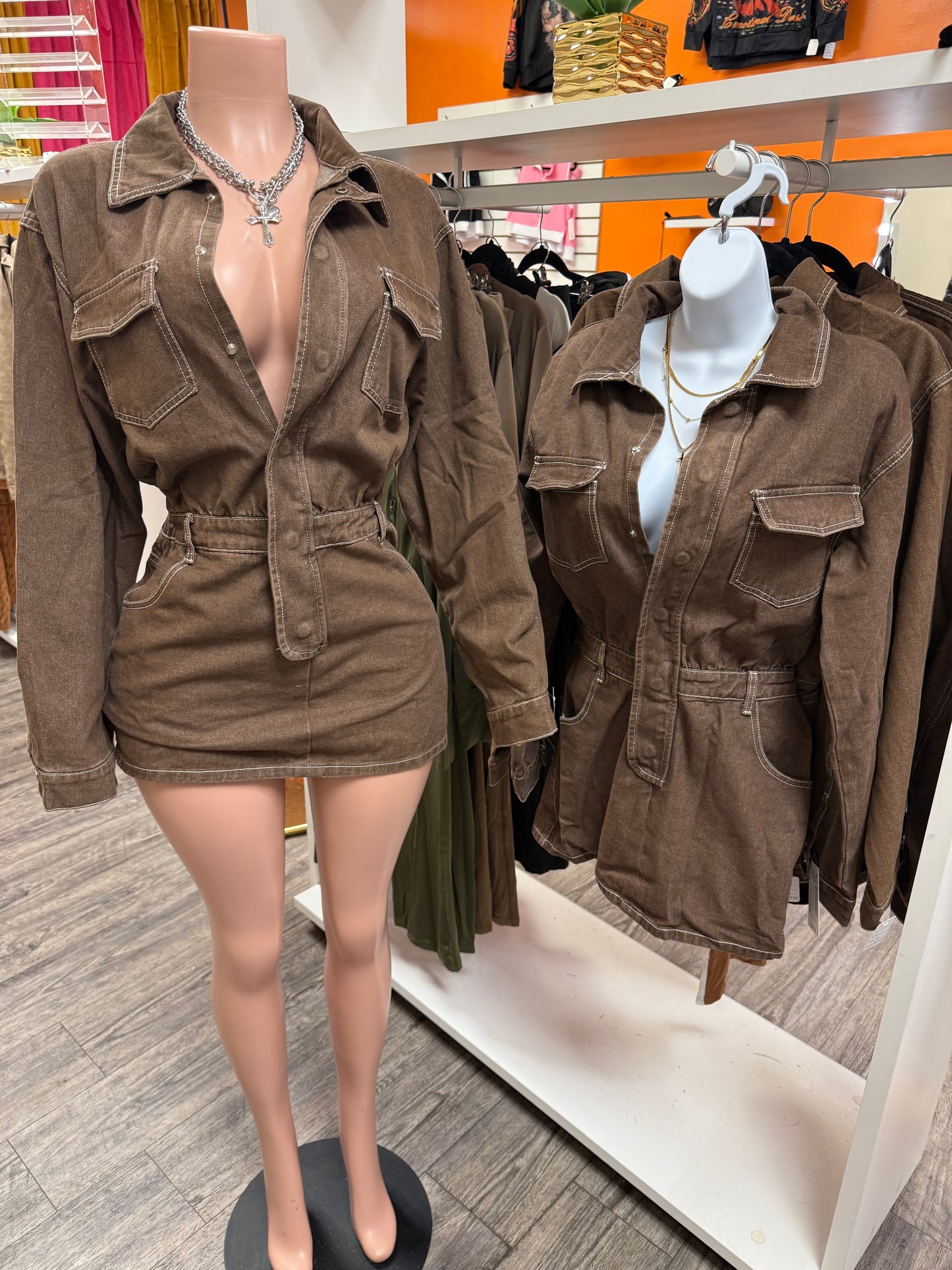 Brown Denim Button-Up Long Sleeve Dress With Belt Loops