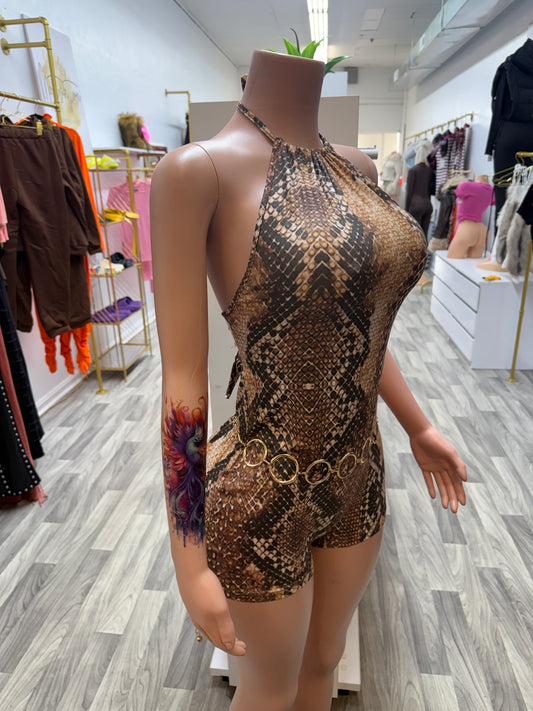 Savage Snakeskin Halter Romper – Open Back Bodycon Short Set (Waist Chain not included)