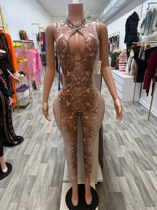 Venom Curve Sculpt Jumpsuit – Snakeskin Cutout Bodycon One Piece