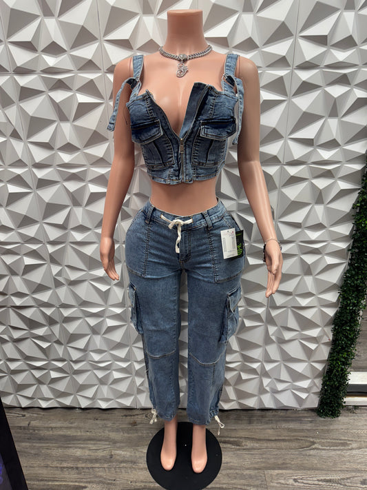 Denim Cargo Pants Set