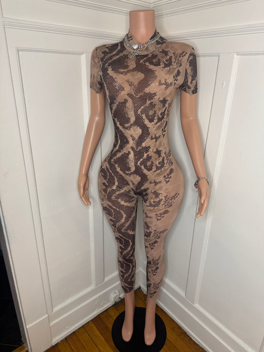 SnakeSkin Design Mesh Jumpsuit